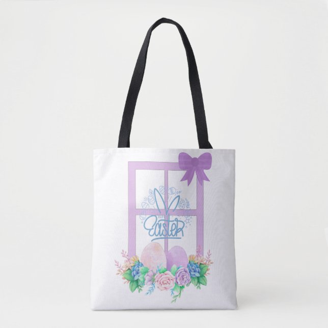Happy Easter Window with Flowers and Eggs Tote Bag (Front)