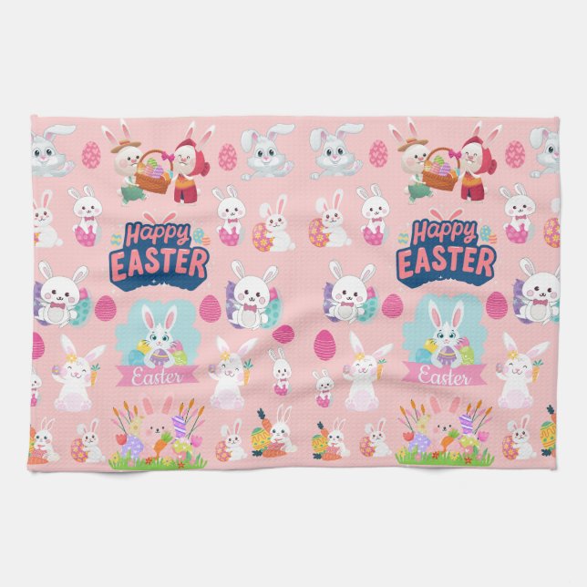 Happy Easter Wishes - Pattern Funny Bunny Easter   Kitchen Towel (Horizontal)