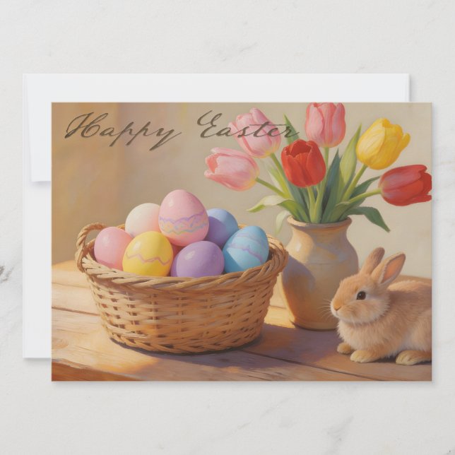 Happy Easter with Colorful Eggs and Tulips (Front)