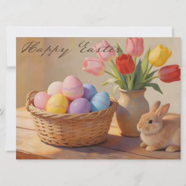 Happy Easter with Colorful Eggs and Tulips (Front)