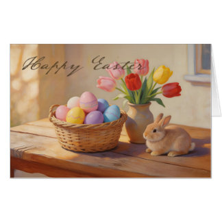 Happy Easter with Colorful Eggs and Tulips Card