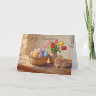Happy Easter with Colorful Eggs and Tulips Card