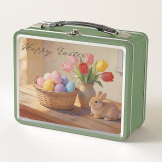 Happy Easter with Colorful Eggs and Tulips Metal Lunch Box
