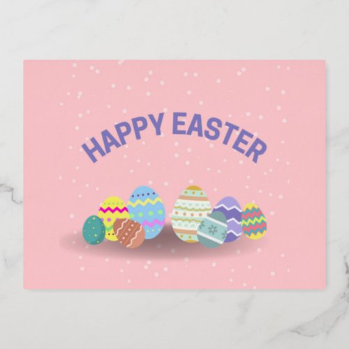 Happy Easter with colorful eggs pink Foil Holiday Postcard