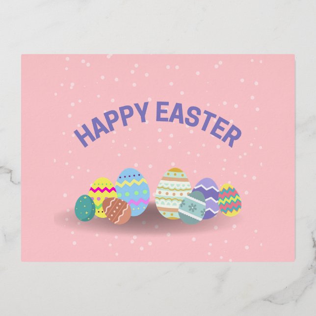 Happy Easter with colorful eggs pink Foil Holiday Postcard (Front)