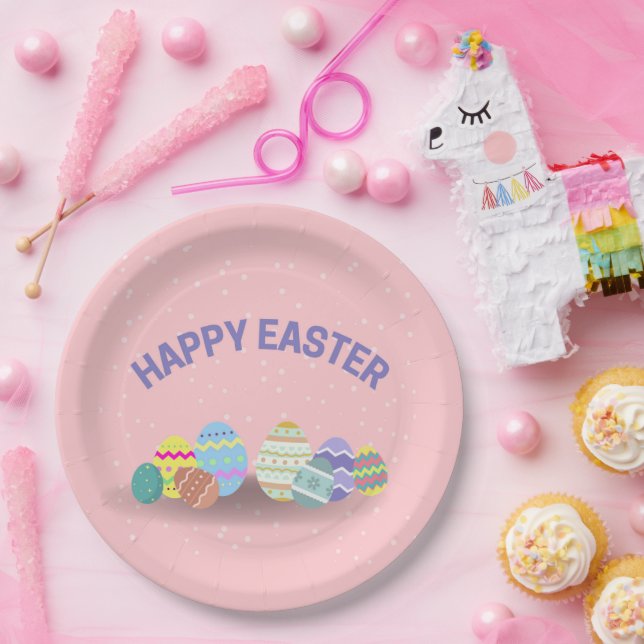 Happy Easter with colorful eggs pink Paper Plates (Party)