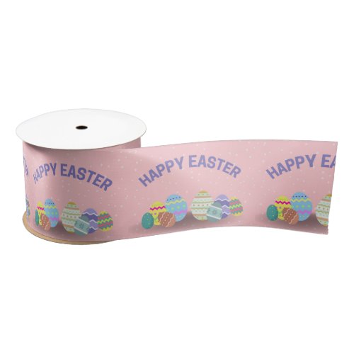 Happy Easter with colorful eggs pink Satin Ribbon
