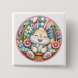 Happy Easter With Cute Bunny, Eggs, and Floral Button