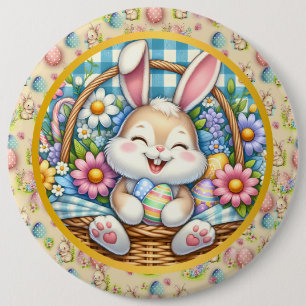 Happy Easter With Cute Bunny, Eggs, and Floral Button