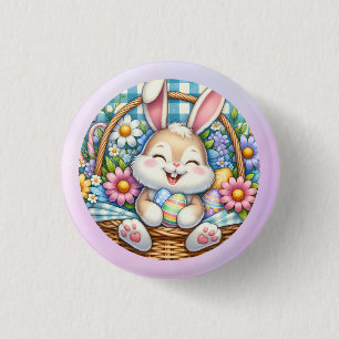Happy Easter With Cute Bunny, Eggs, and Floral Button