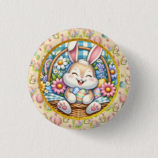 Happy Easter With Cute Bunny, Eggs, and Floral Button (Front)