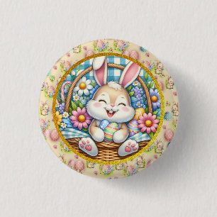 Happy Easter With Cute Bunny, Eggs, and Floral Button