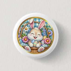 Happy Easter With Cute Bunny, Eggs, and Floral Button