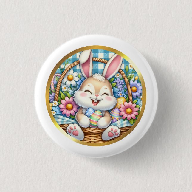 Happy Easter With Cute Bunny, Eggs, and Floral Button (Front)