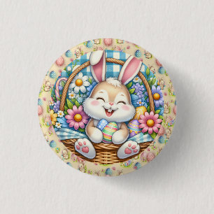 Happy Easter With Cute Bunny, Eggs, and Floral Button