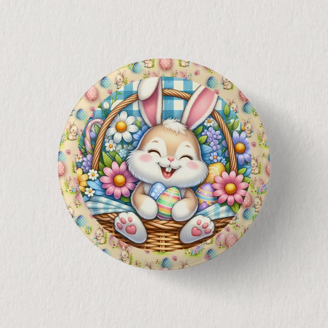 Happy Easter With Cute Bunny, Eggs, and Floral Button (Front)