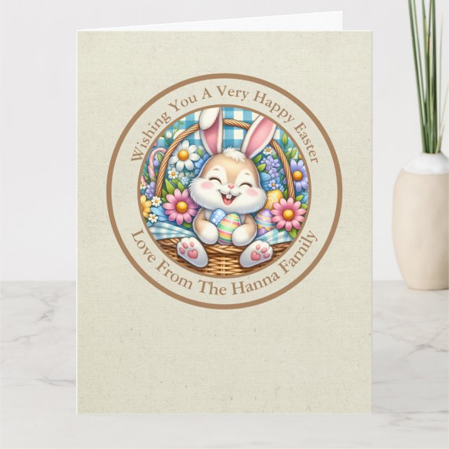Happy Easter With Cute Bunny, Eggs, and Floral Card (Front)