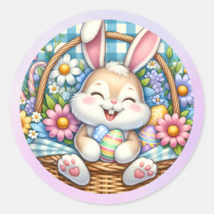 Happy Easter With Cute Bunny, Eggs, and Floral Classic Round Sticker