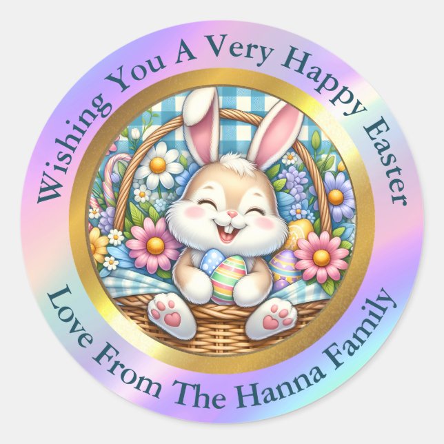 Happy Easter With Cute Bunny, Eggs, and Floral Classic Round Sticker (Front)