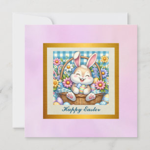 Happy Easter With Cute Bunny, Eggs, and Floral Invitation