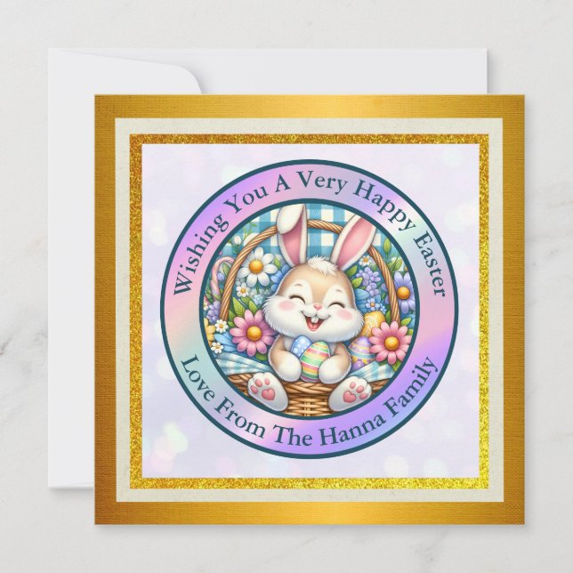 Happy Easter With Cute Bunny, Eggs, and Floral Invitation (Front)