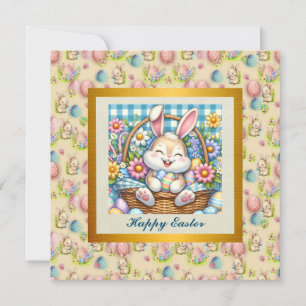 Happy Easter With Cute Bunny, Eggs, and Floral Invitation