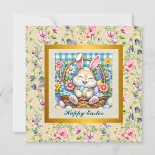 Happy Easter With Cute Bunny, Eggs, and Floral Invitation