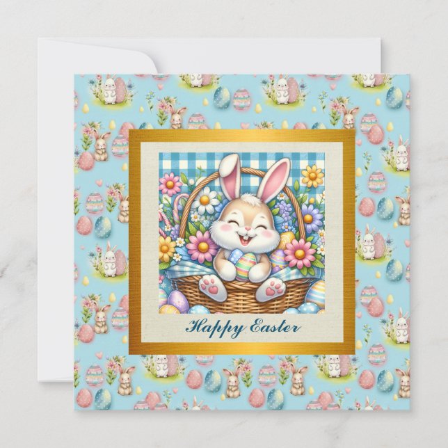 Happy Easter With Cute Bunny, Eggs, and Floral Invitation (Front)
