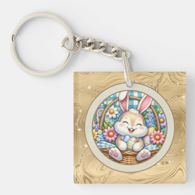 Happy Easter With Cute Bunny, Eggs, and Floral Keychain (Front)