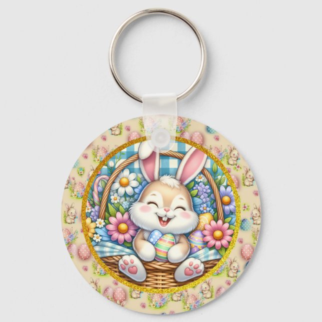 Happy Easter With Cute Bunny, Eggs, and Floral Keychain (Front)