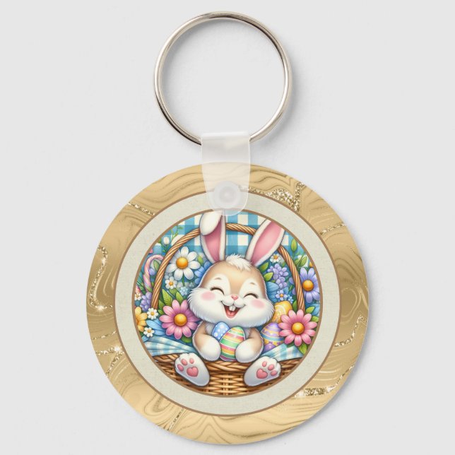 Happy Easter With Cute Bunny, Eggs, and Floral Keychain (Front)