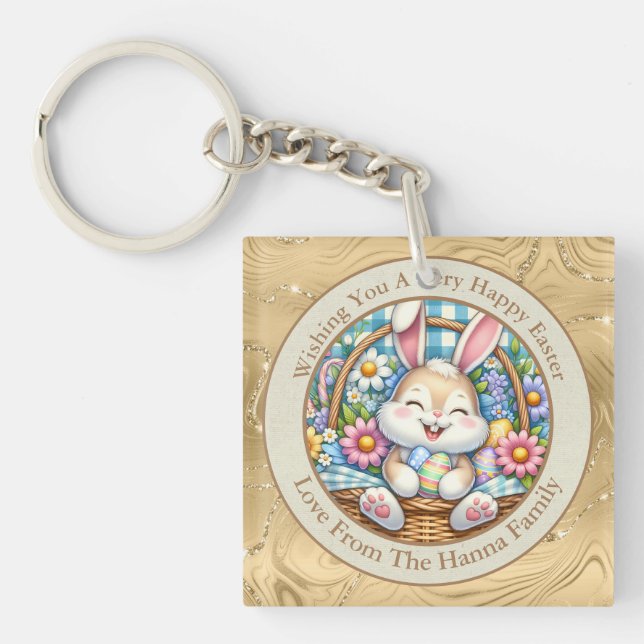 Happy Easter With Cute Bunny, Eggs, and Floral Keychain (Front)