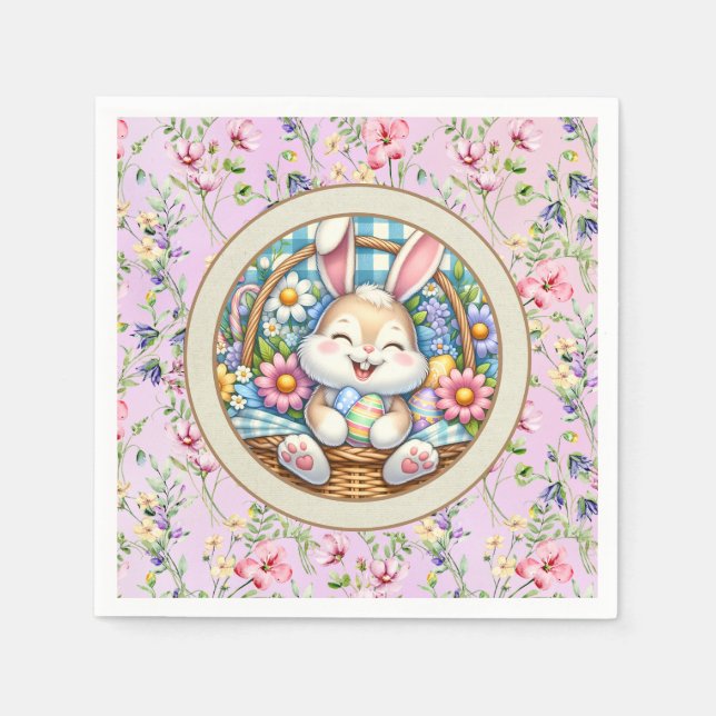 Happy Easter With Cute Bunny, Eggs, and Floral Napkins (Front)