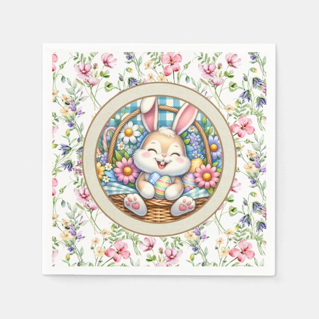 Happy Easter With Cute Bunny, Eggs, and Floral Napkins (Front)