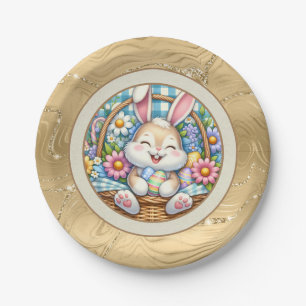 Happy Easter With Cute Bunny, Eggs, and Floral Paper Plates