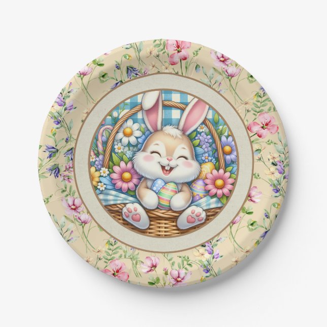Happy Easter With Cute Bunny, Eggs, and Floral Paper Plates (Front)