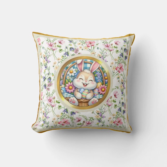 Happy Easter With Cute Bunny, Eggs, and Floral Throw Pillow (Front)