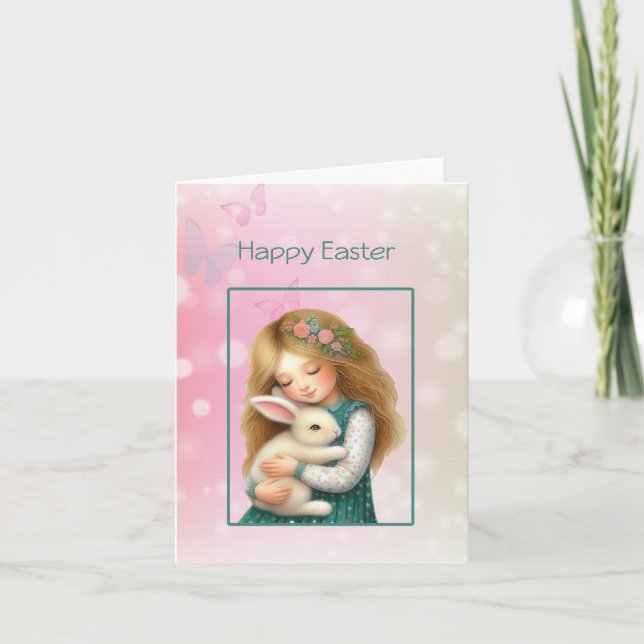 Happy Easter with Cute Girl and Bunny Card (Front)