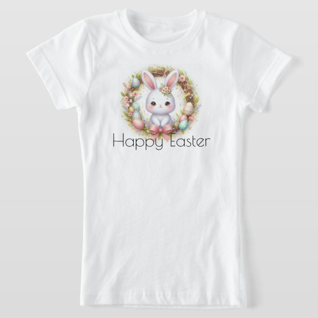 Happy Easter with Easter Bunny and Flowers T-Shirt (Laydown)