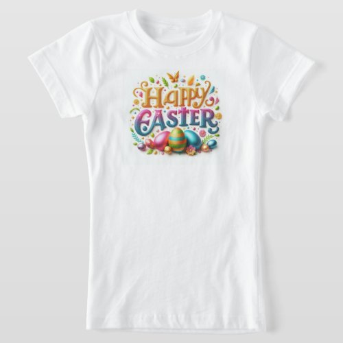 Happy Easter with Easter Eggs Typography  T_Shirt