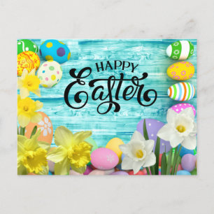 Happy Easter with egg and bunny with flowers Postcard