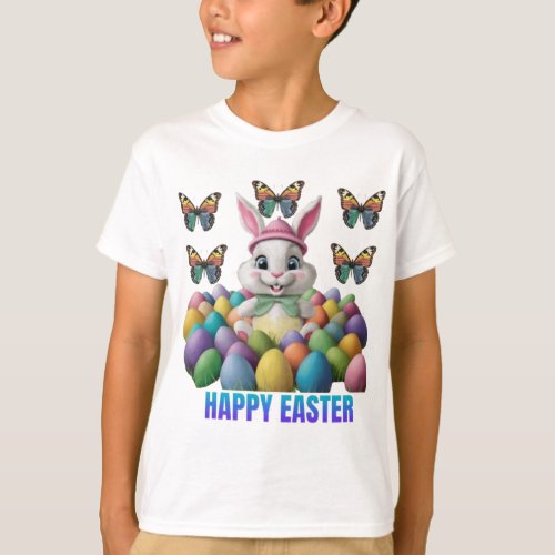 Happy Easter with funny bunny eggs butterflies T_Shirt