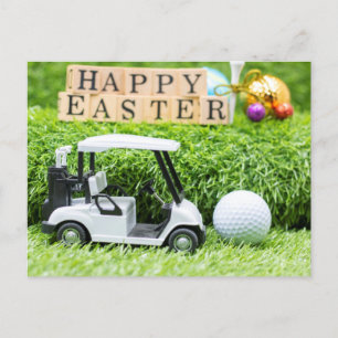 Happy Easter with golf cart and ball on green Postcard