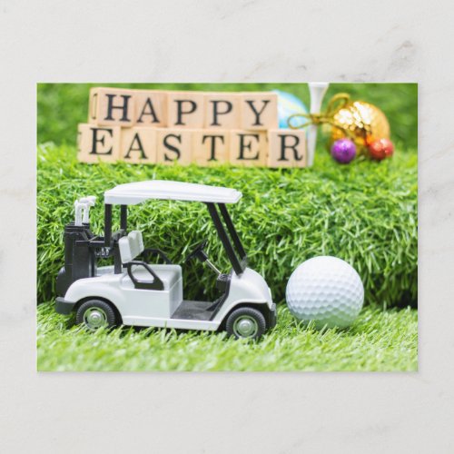Happy Easter with golf cart and ball on green  Postcard