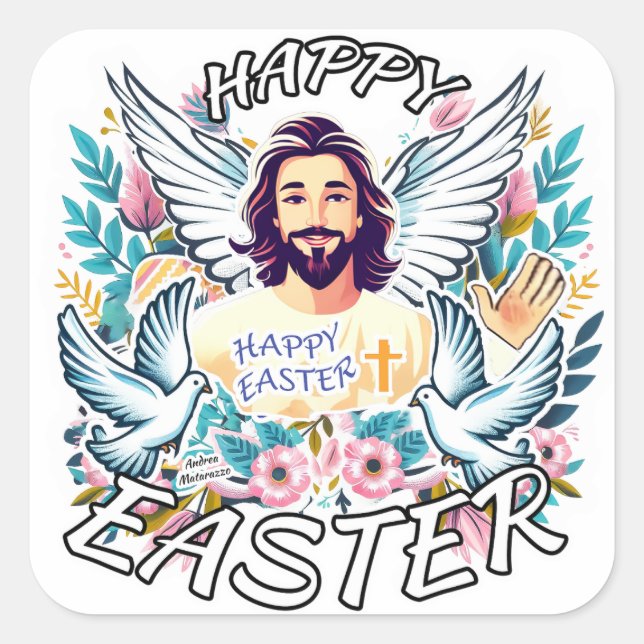 Happy Easter with Jesus Square Sticker (Front)