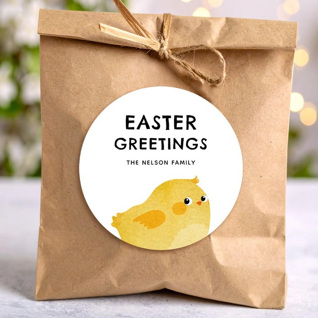 Happy Easter with little yellow chicken Classic Round Sticker (Creator Uploaded)