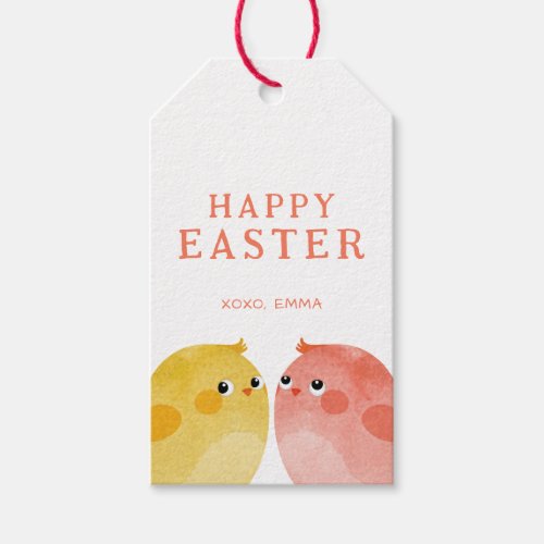 Happy Easter with two Chickens in Yellow and Pink Gift Tags