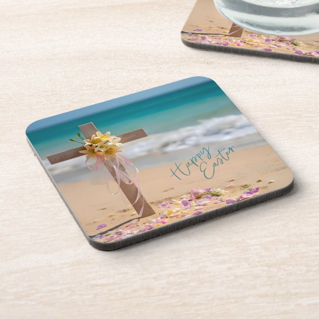Happy Easter Wooden Cross and Lilies on Beach Beverage Coaster (Left Side)