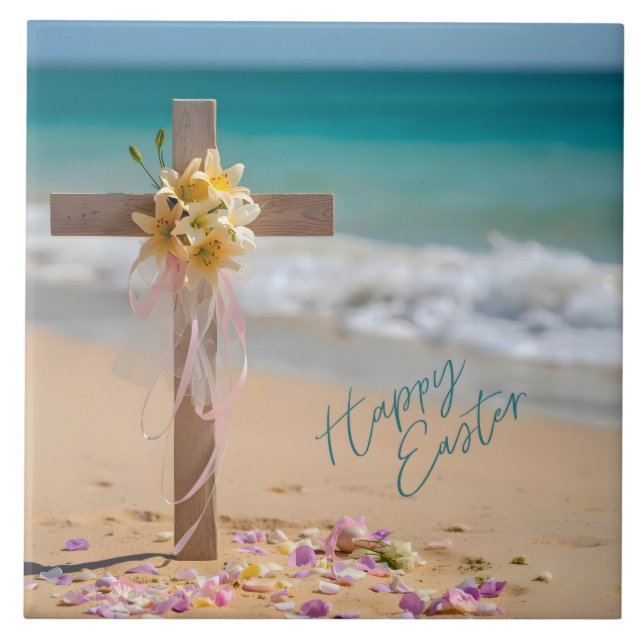 Happy Easter Wooden Cross and Lilies on Beach Ceramic Tile (Front)