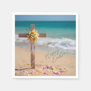 Happy Easter Wooden Cross and Lilies on Beach Napkins